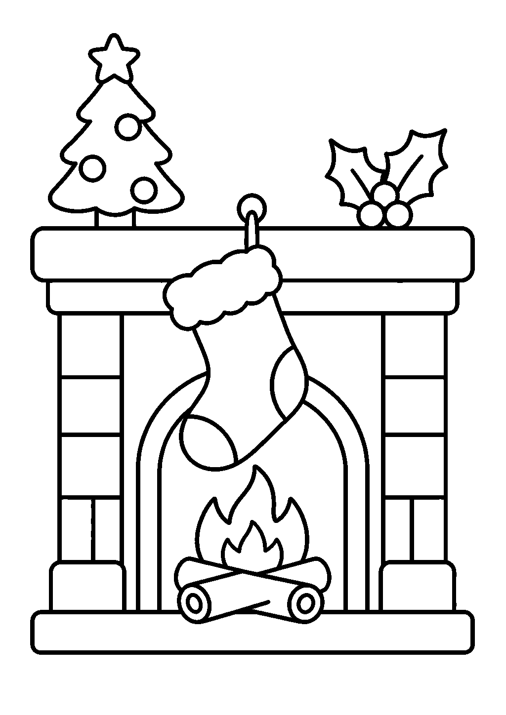 Printable christmas coloring pages showing a cozy stocking by a fireplace