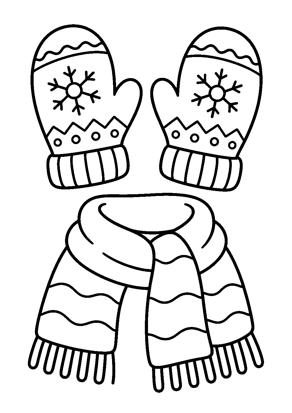 Kids christmas coloring pages featuring mittens and a warm scarf