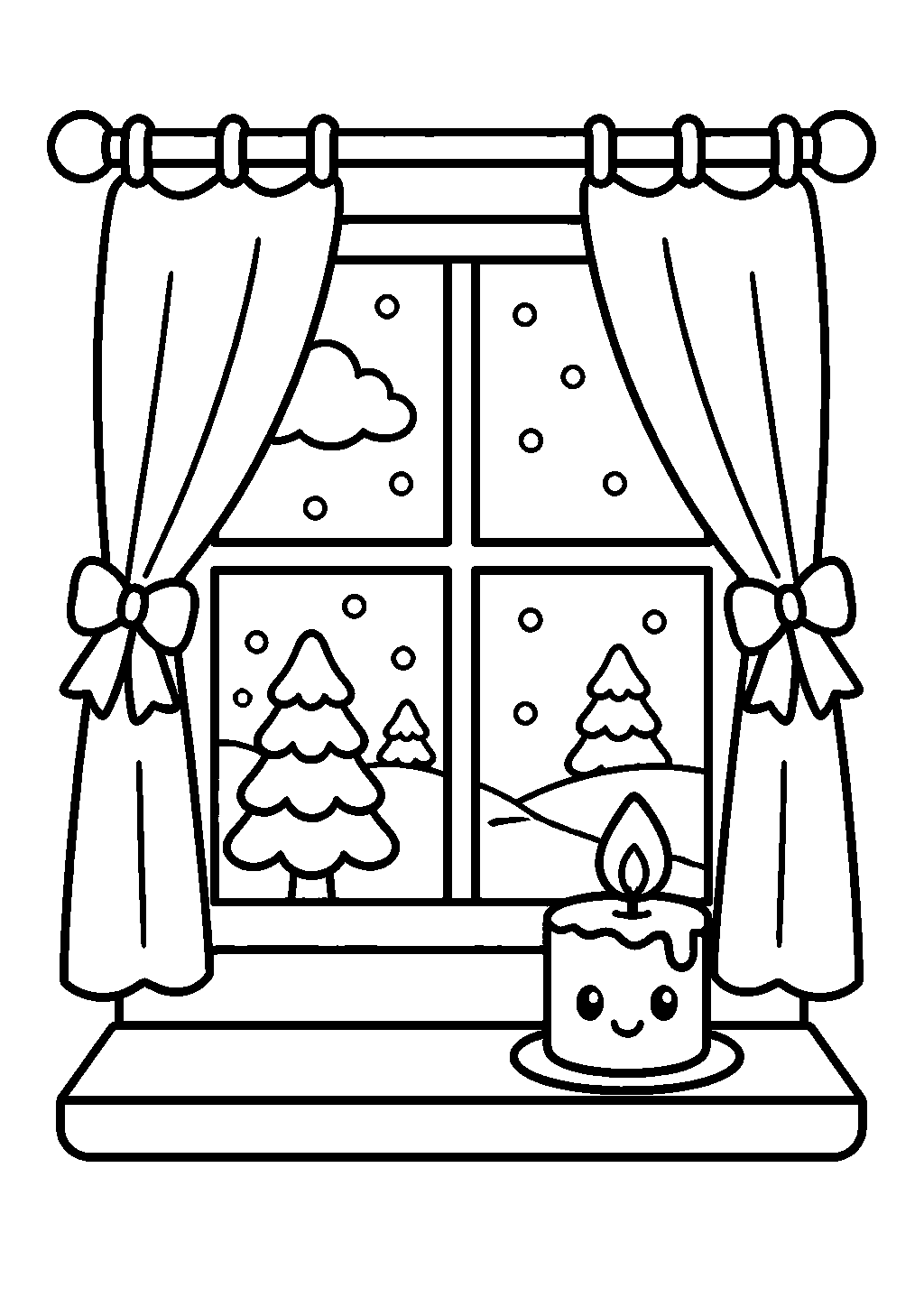 Christmas coloring page of a snowy window and candlelight