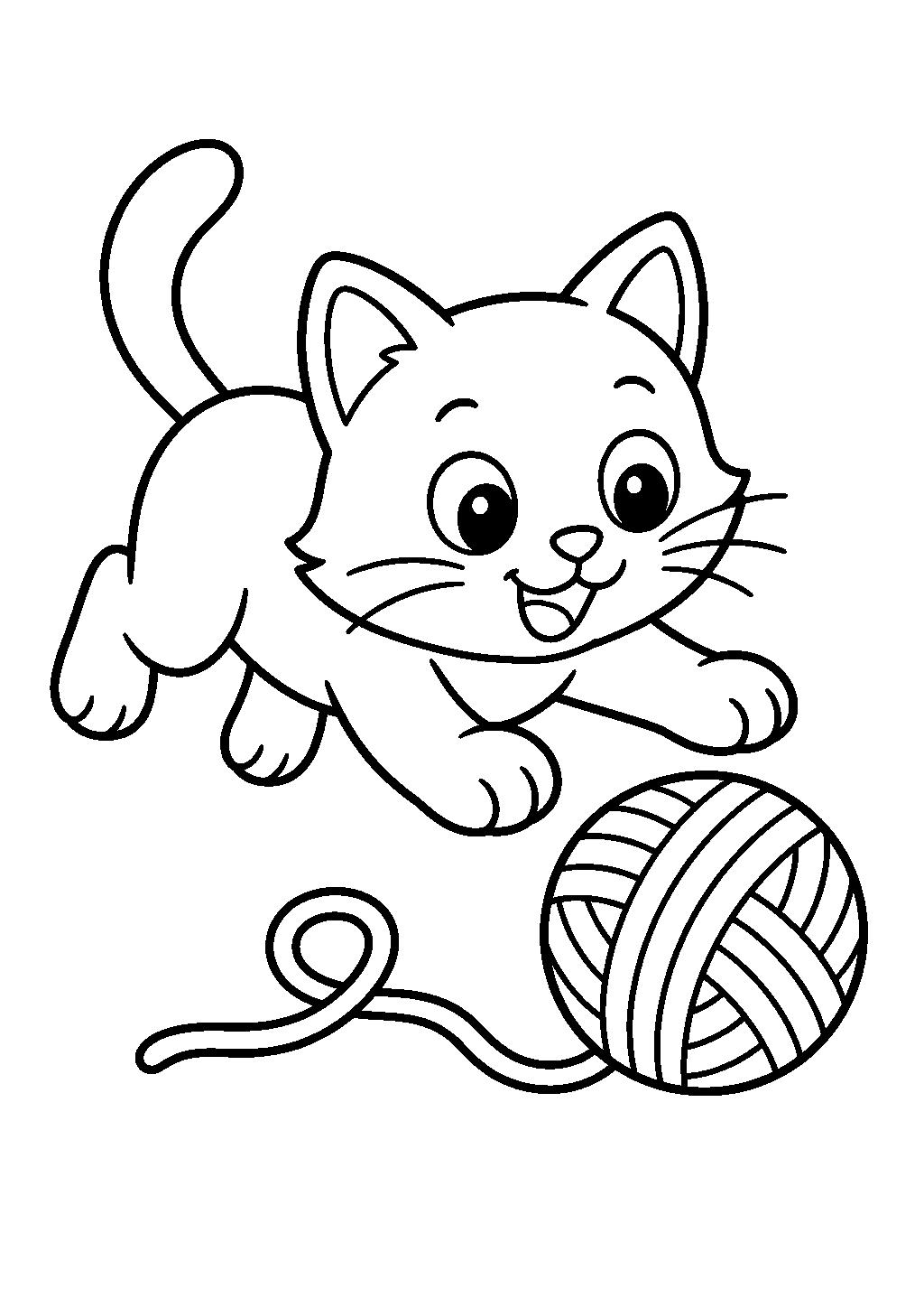 Printable cute cat coloring pages showing a cat chasing a yarn ball