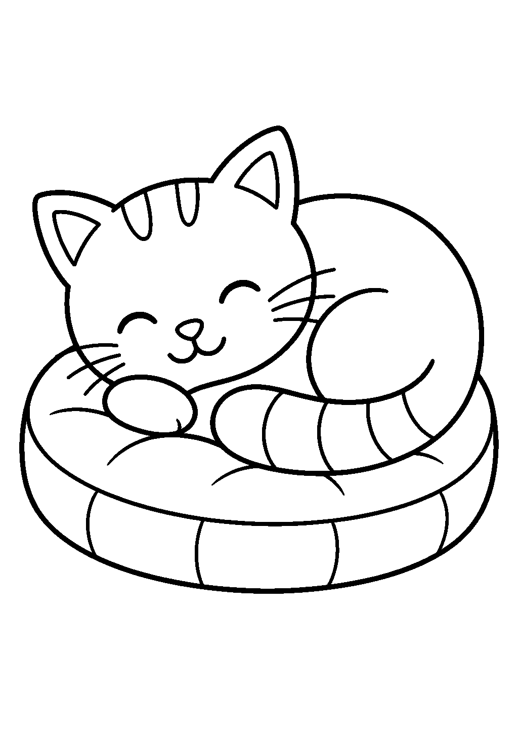 Cute cat coloring page of a sleepy cat curled on a cushion