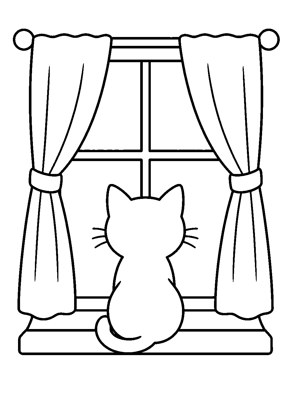 Kids cute cat coloring pages featuring a cat looking out a window