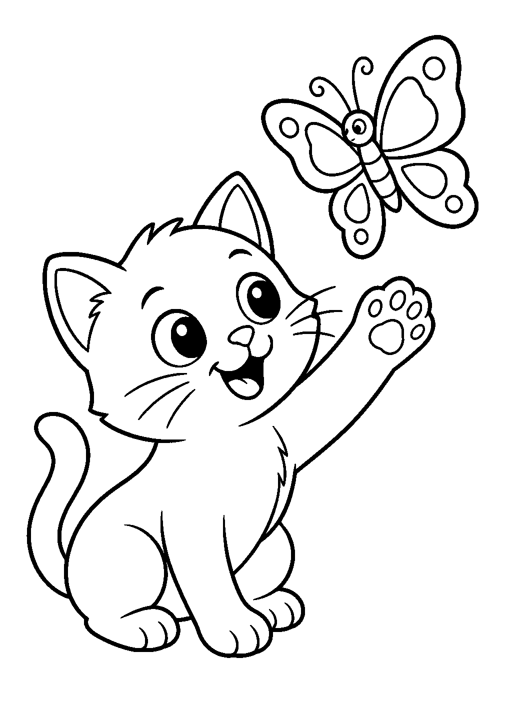Cute cat coloring page with a playful cat reaching toward a butterfly