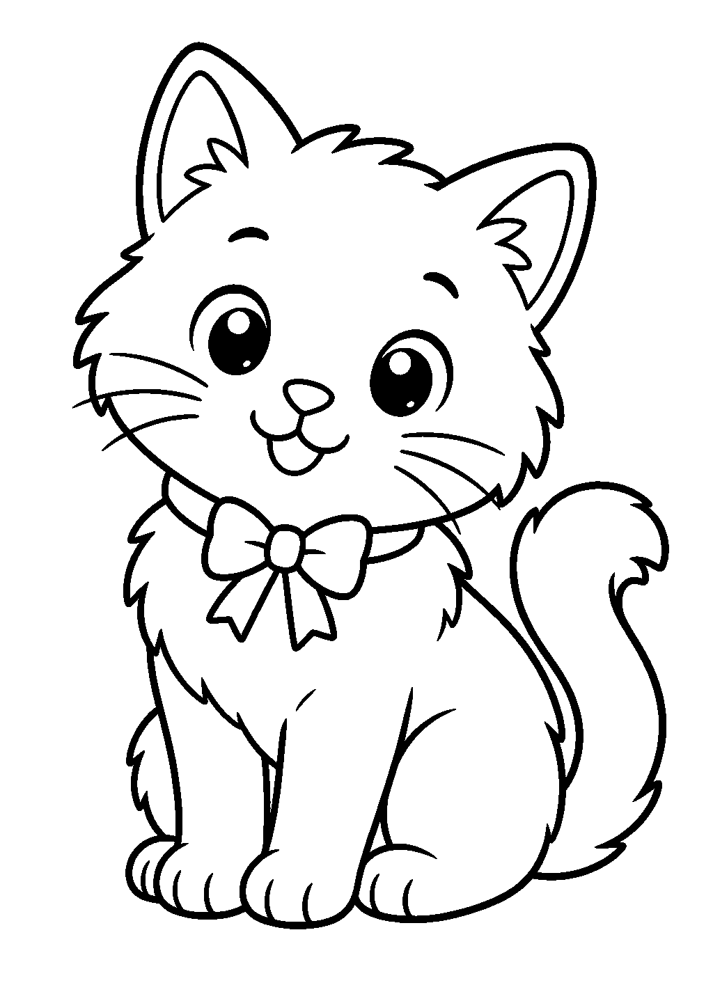 Cat coloring pages printable of a fluffy cat wearing a simple bow