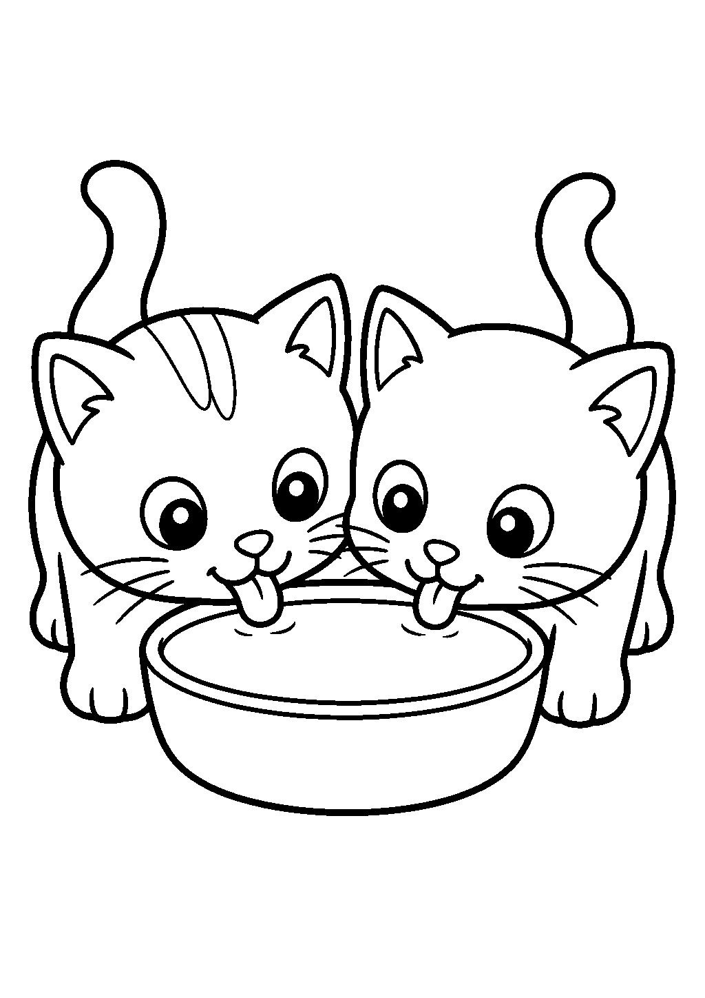 Cute cat coloring page showing two kittens sharing a milk bowl