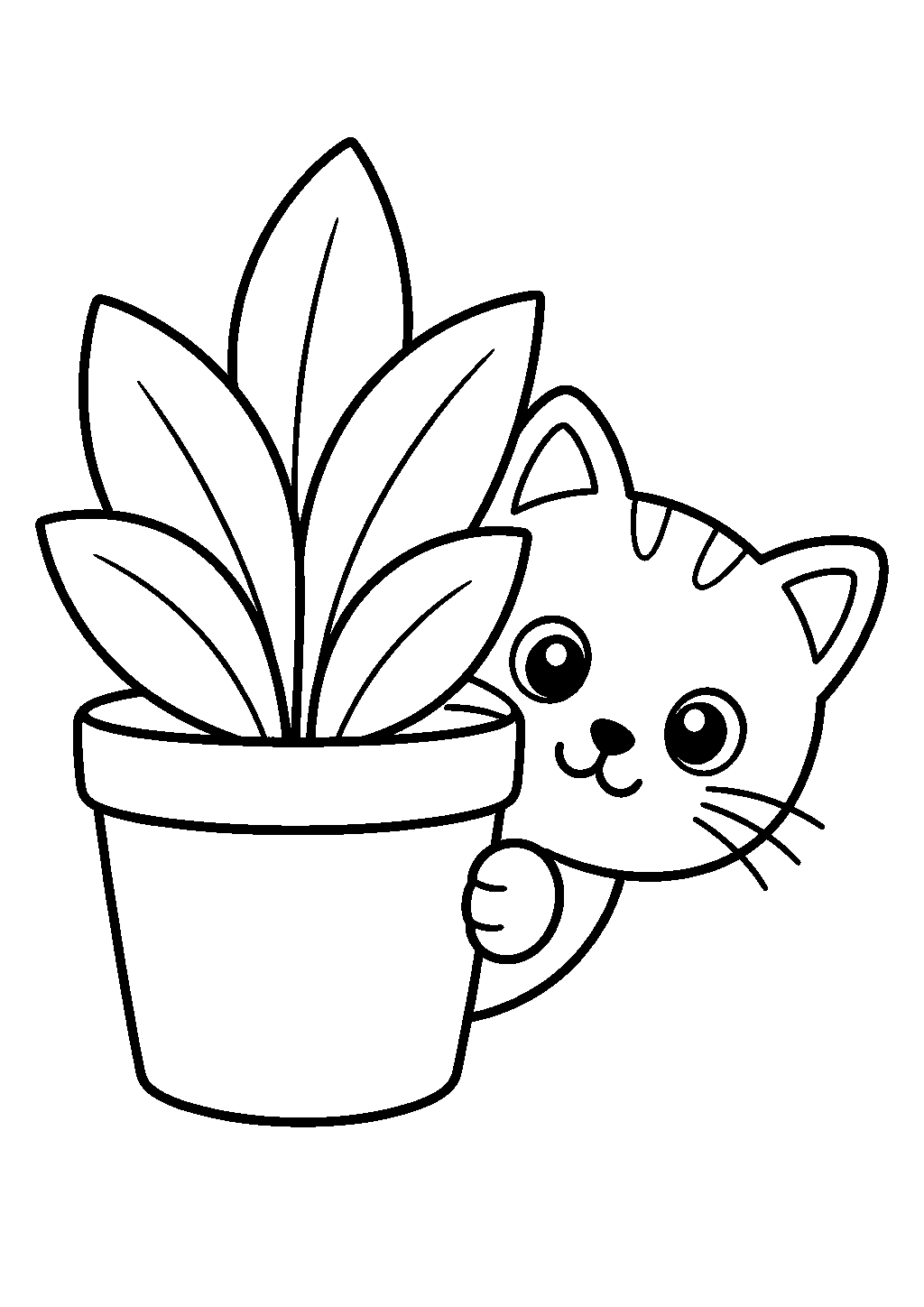 Cute cat coloring page of a cat peeking from behind a plant pot