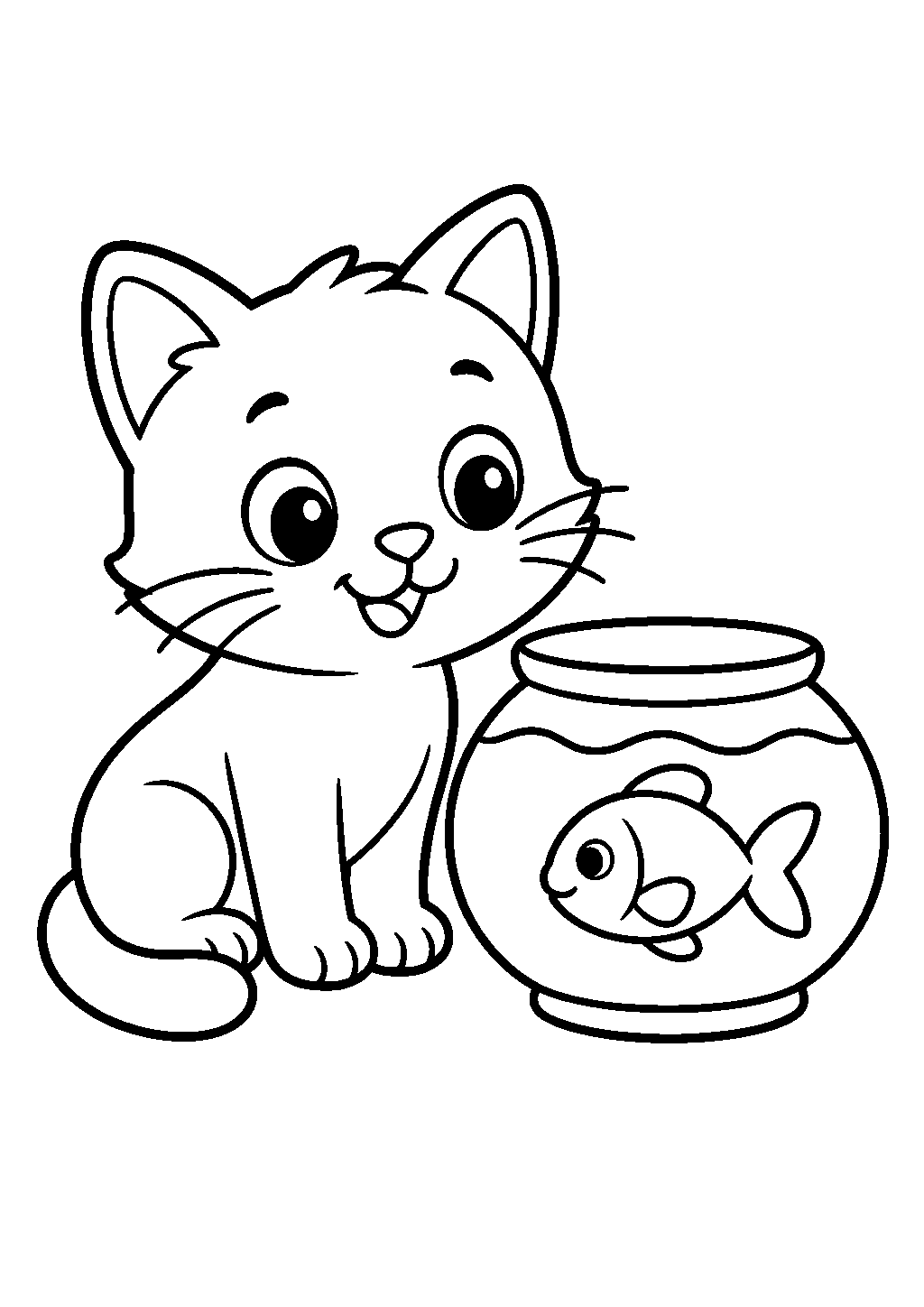Printable cute cat coloring pages featuring a cat and a fishbowl