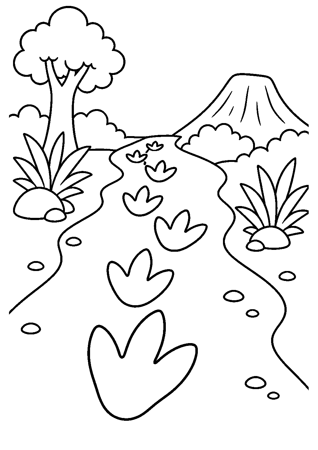 T-rex coloring page with footprint tracks across a dirt path