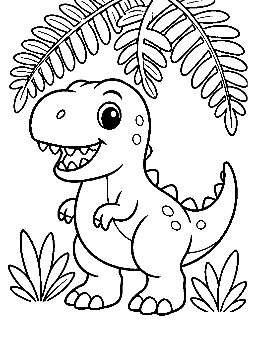 Kids t-rex coloring pages featuring a dinosaur under leafy ferns