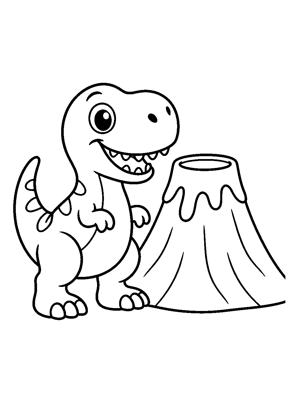 T-rex coloring page of a dinosaur beside a simple volcano outline