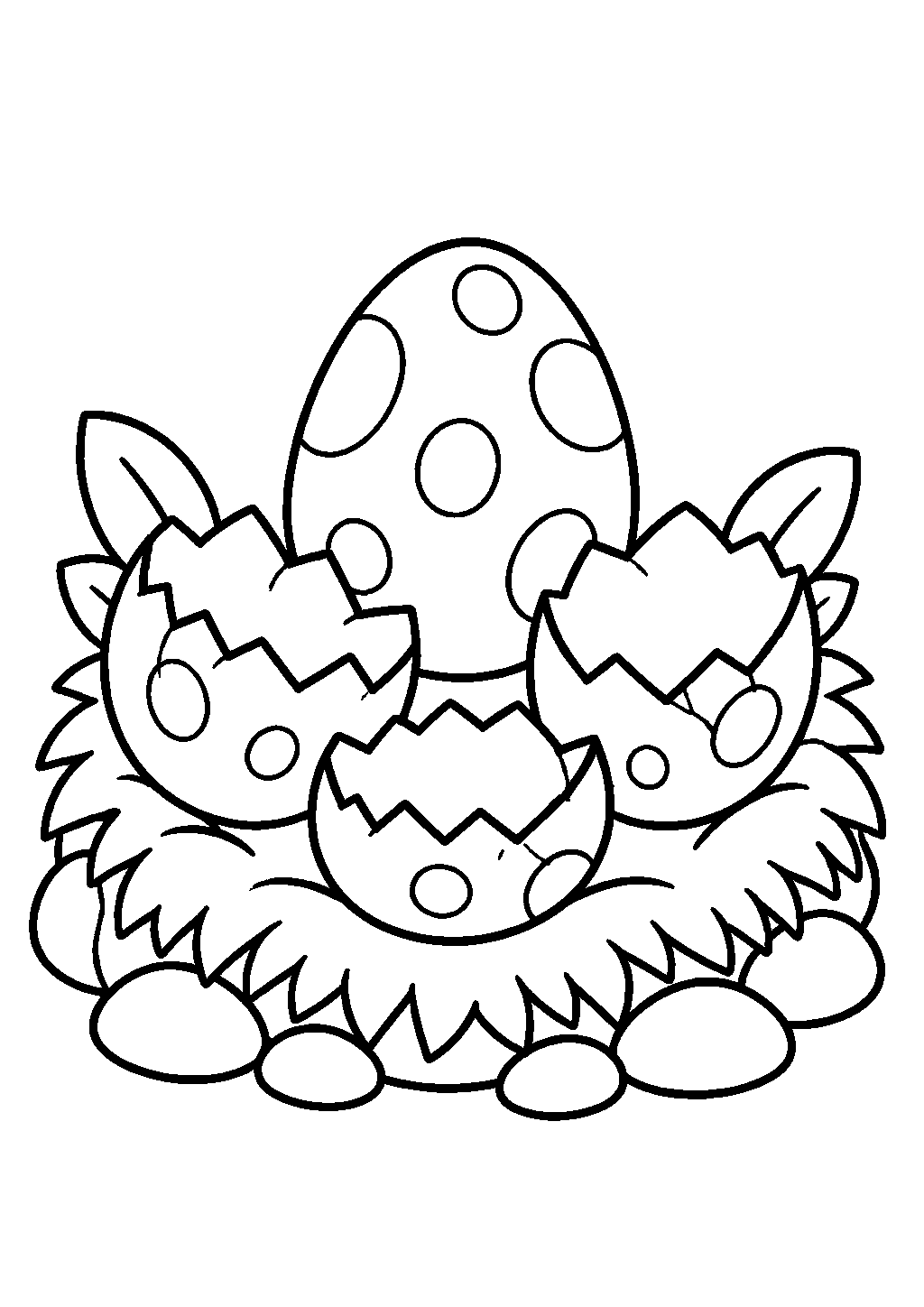 T-rex coloring page showing a dinosaur egg nest with shells