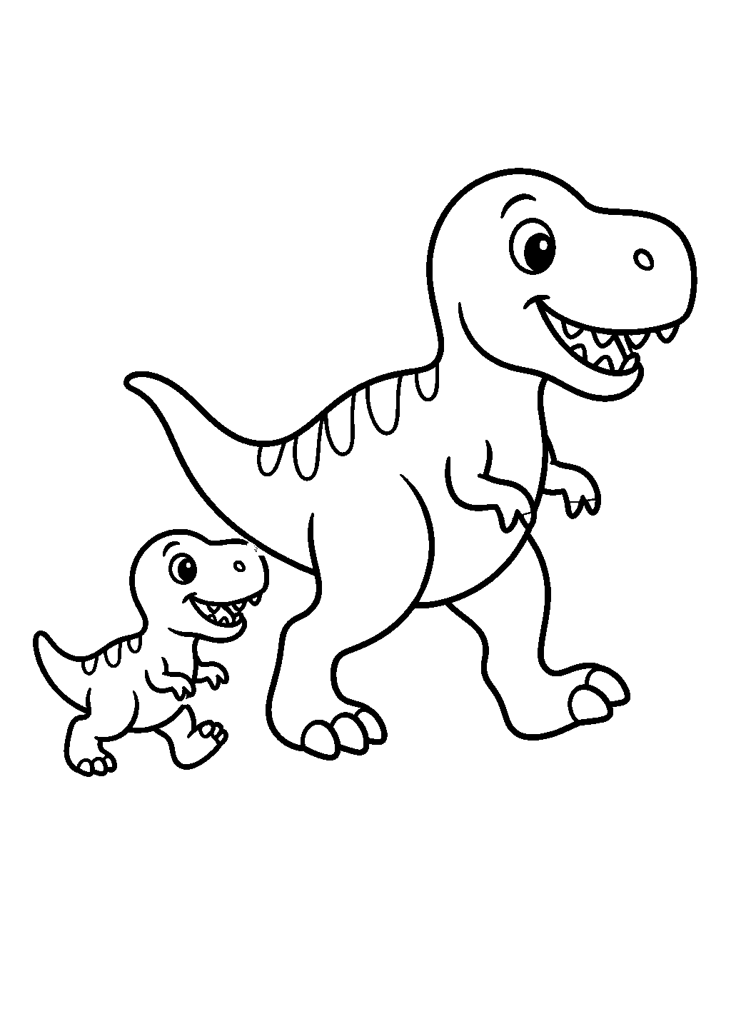 T-rex coloring page with a baby dinosaur following a parent