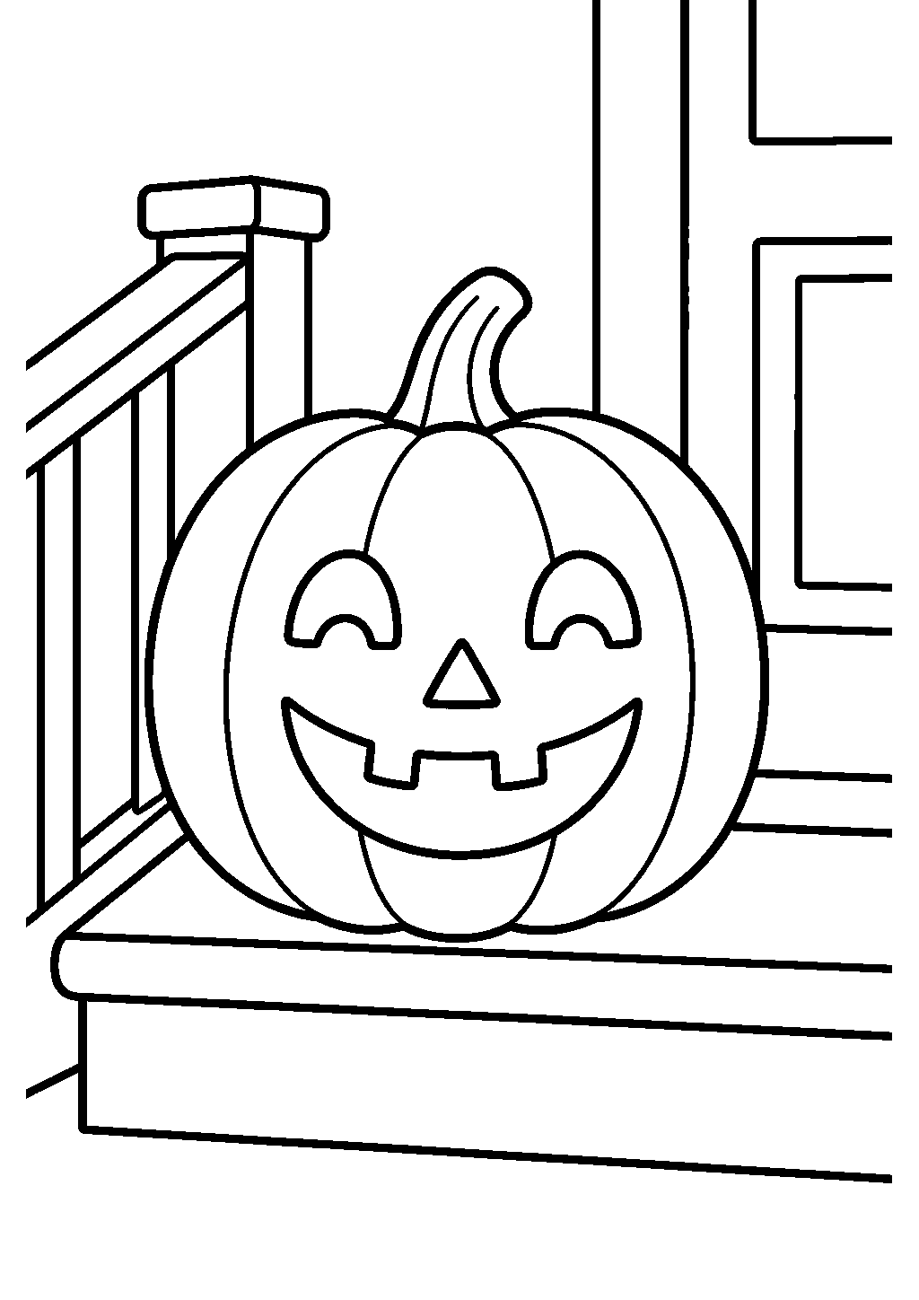 Free halloween coloring page of a smiling jack-o-lantern on a porch