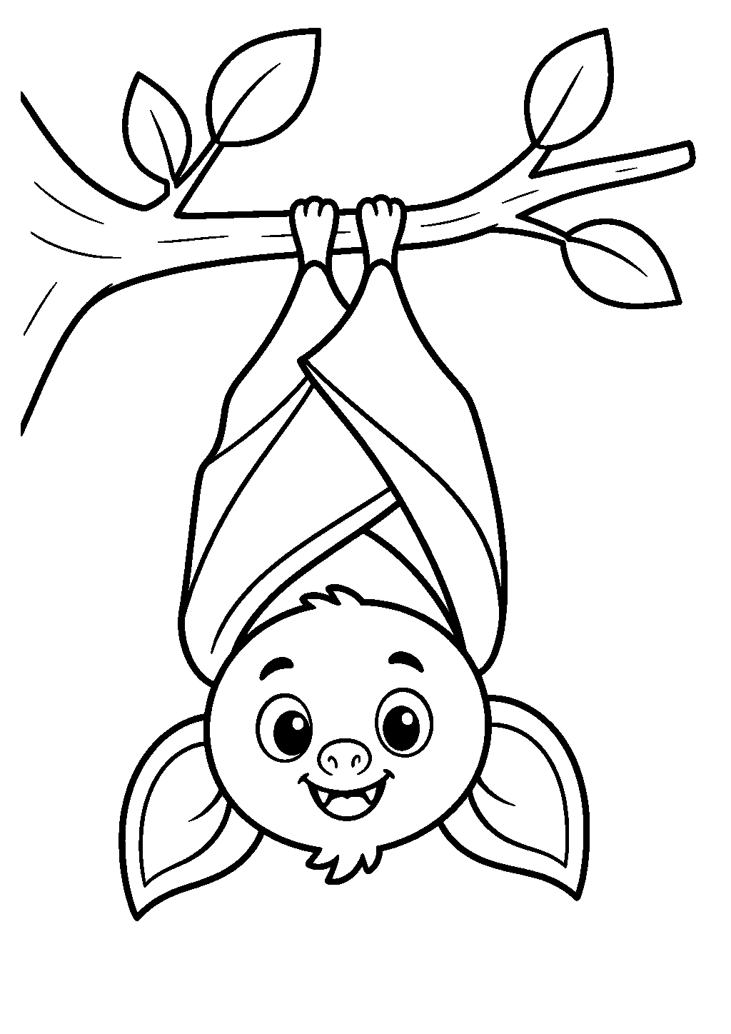 Printable halloween coloring pages featuring a friendly bat hanging from a branch