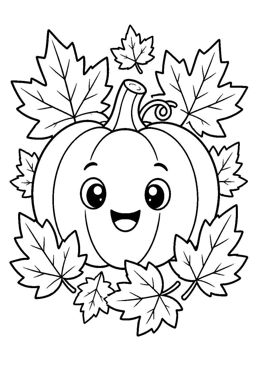 Halloween coloring page with a round pumpkin and autumn leaves