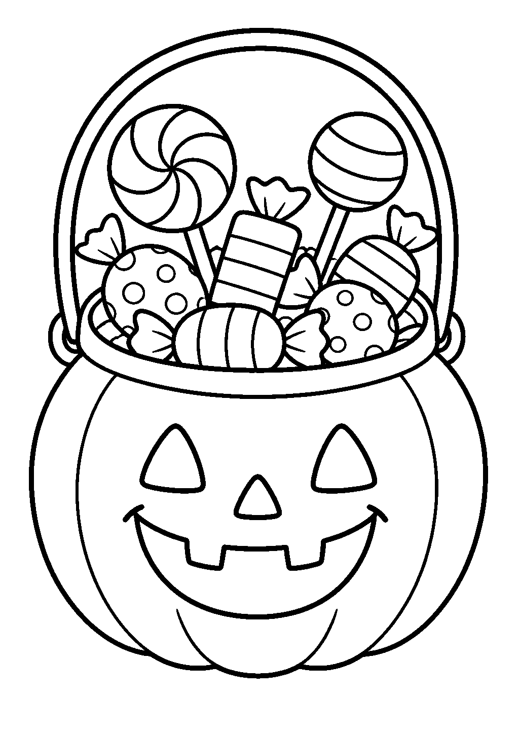 Kids halloween coloring pages showing a candy bucket and wrapped sweets