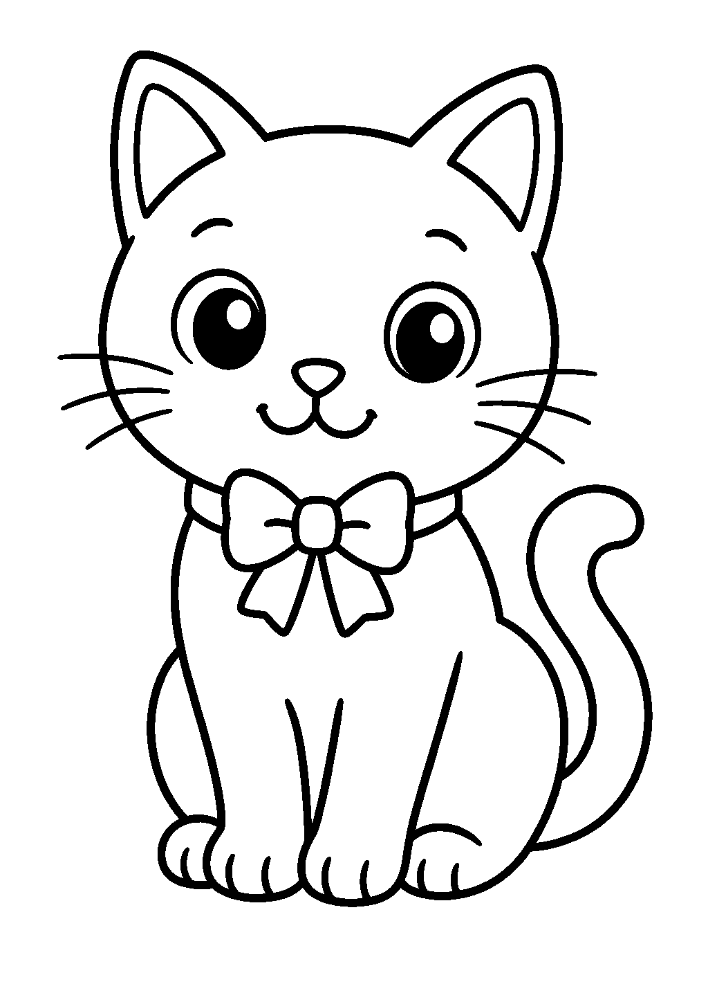 Simple halloween coloring page of a black cat silhouette with a bow