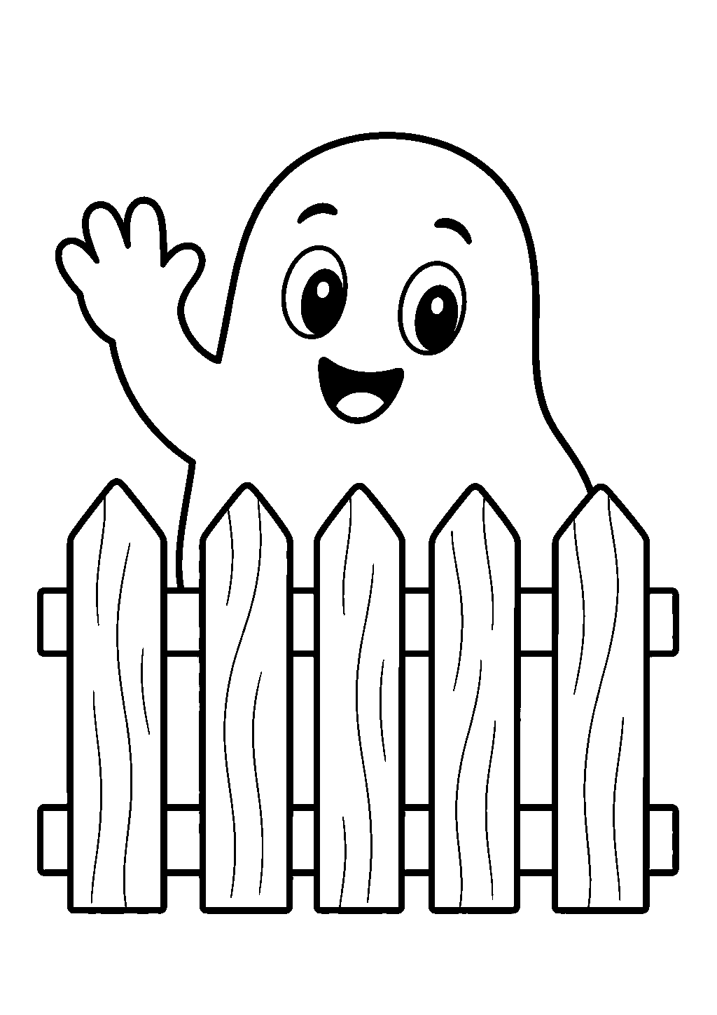 Cute halloween coloring page of a ghost waving from behind a fence