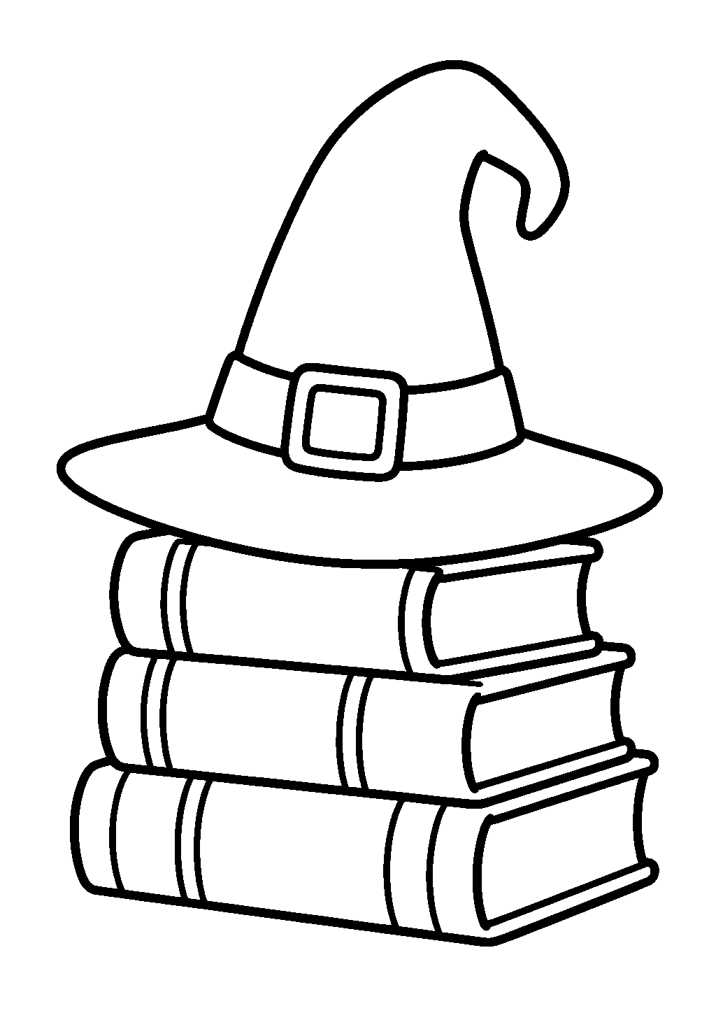 Halloween coloring page of a witch hat resting on a stack of books